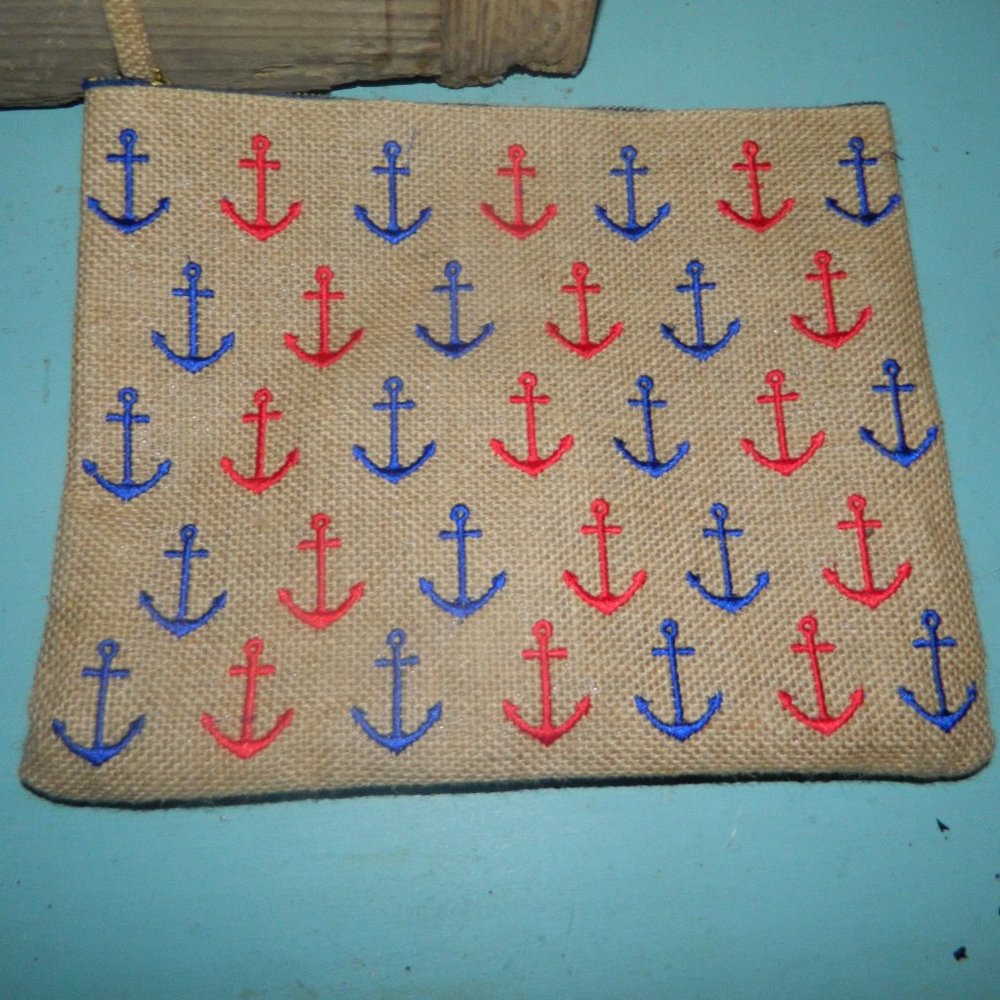 Jute Cruise Boat or Beach Cosmetic Bag with Anchors